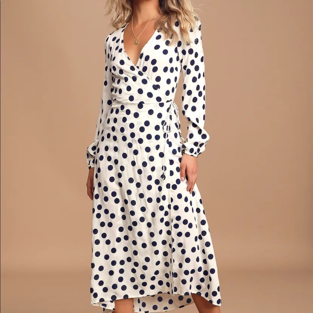 Kayla Off-White Polka Dot Long Sleeve Midi Wrap Dress